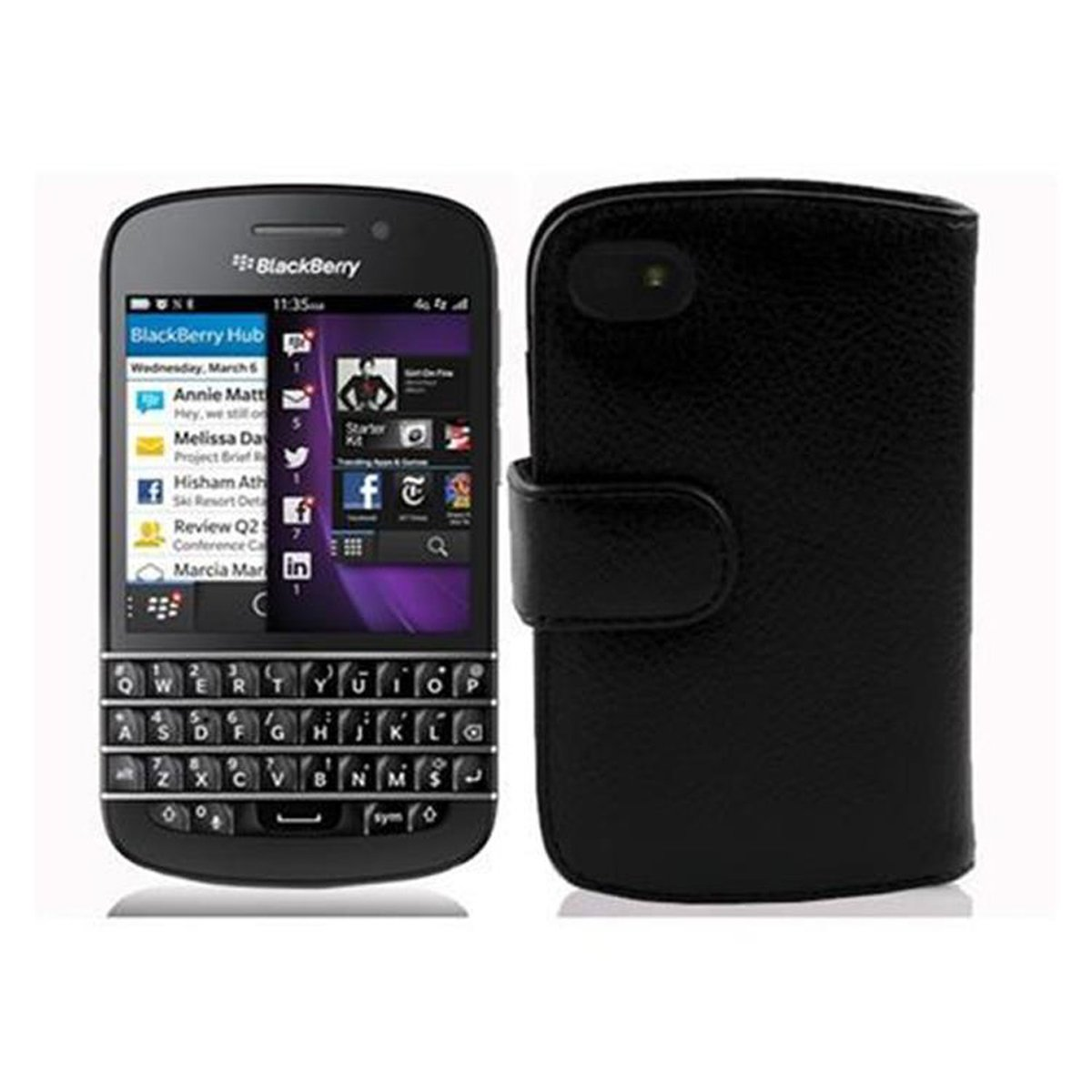 Un teléfono BlackBerry con funda, mostrando la pantalla y la funda a la derecha.