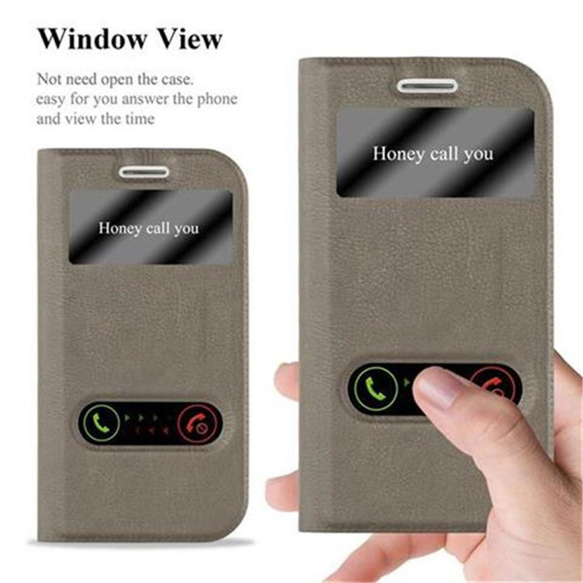 Funda de teléfono con vista de ventana. Dos fundas muestran diferentes estados, texto "Honey call you".
