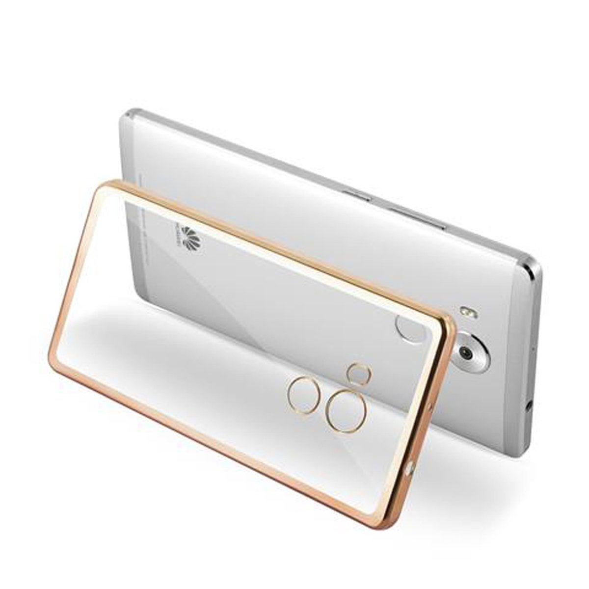 Un telefono e una custodia, la custodia è bordata d'oro. La custodia del telefono è trasparente.