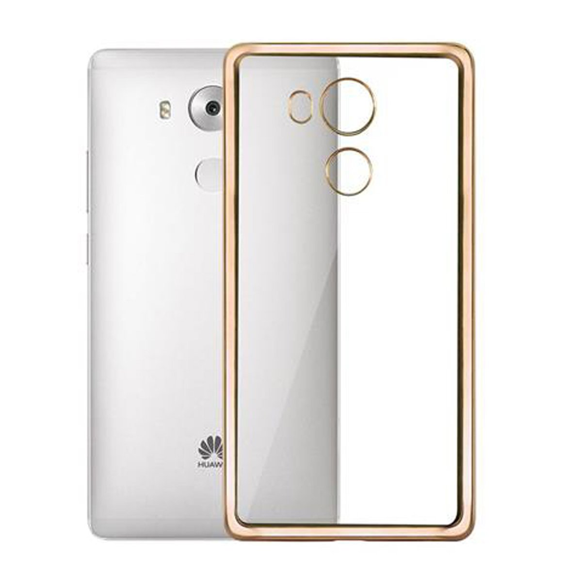 Una custodia per telefono con una cornice color oro attorno a un telefono bianco. Il telefono è su uno sfondo bianco.