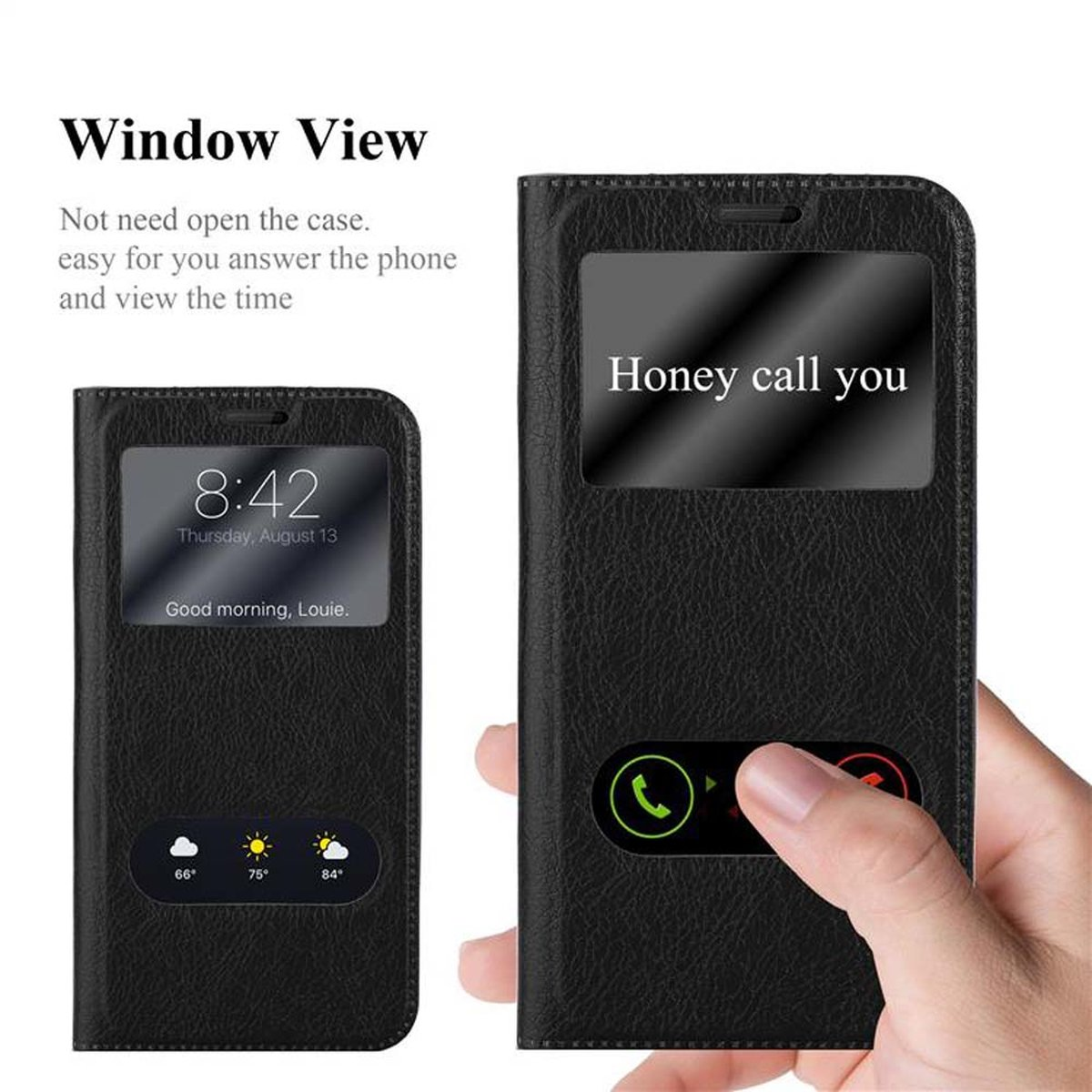 Custodia nera per telefono con finestra, che mostra l'ora. Testo: Honey ti chiama.