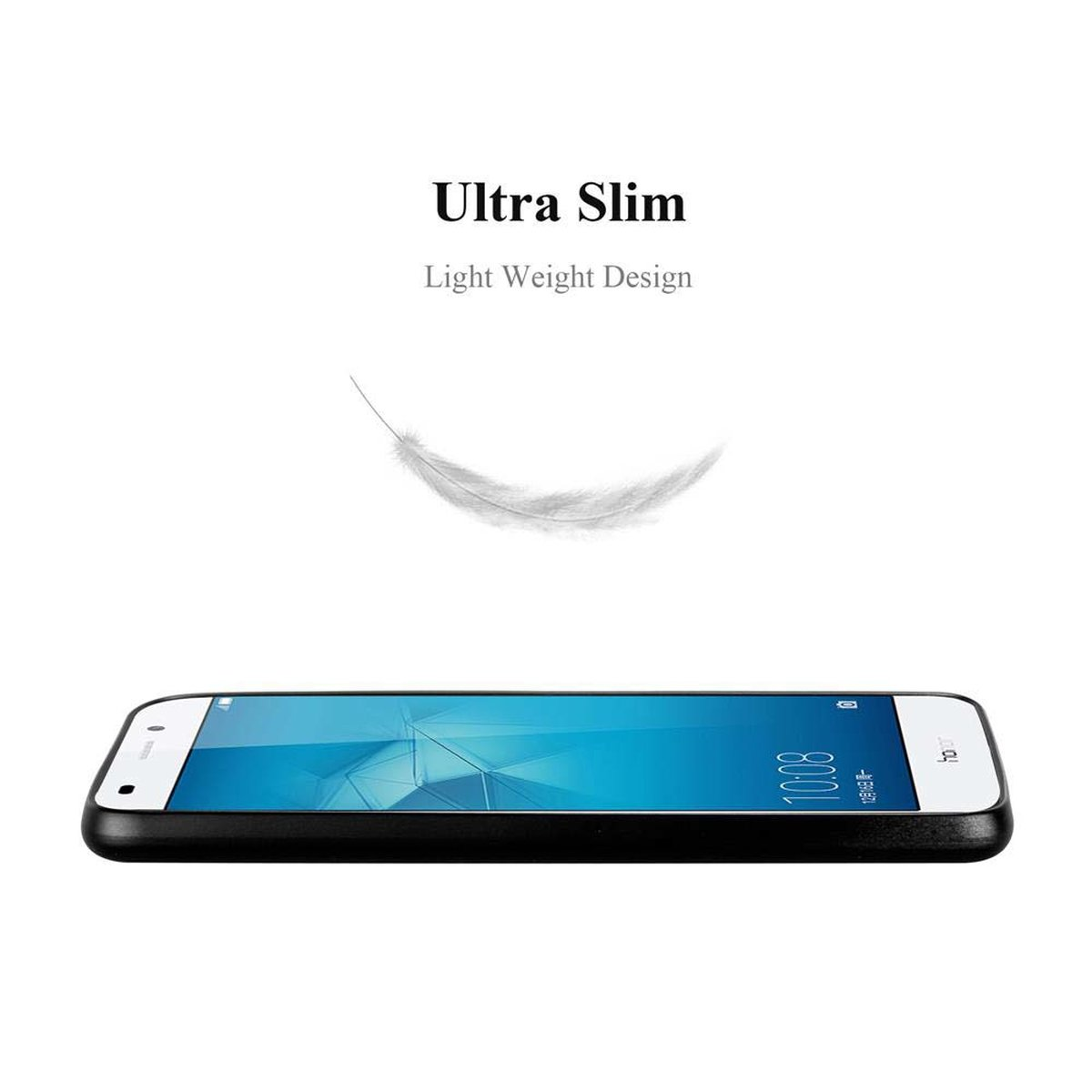 Telefono e custodia neri. Testo in alto: 'Ultra Slim Light Weight Design'. Sfondo bianco.