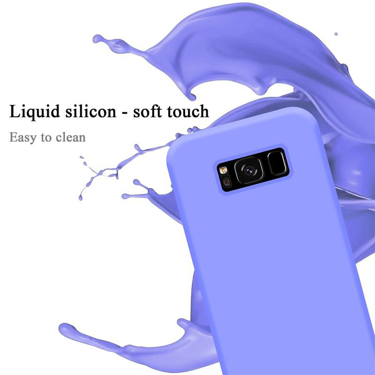 Custodia blu per telefono con testo in silicone liquido. Sfondo bianco con schizzo di vernice blu.