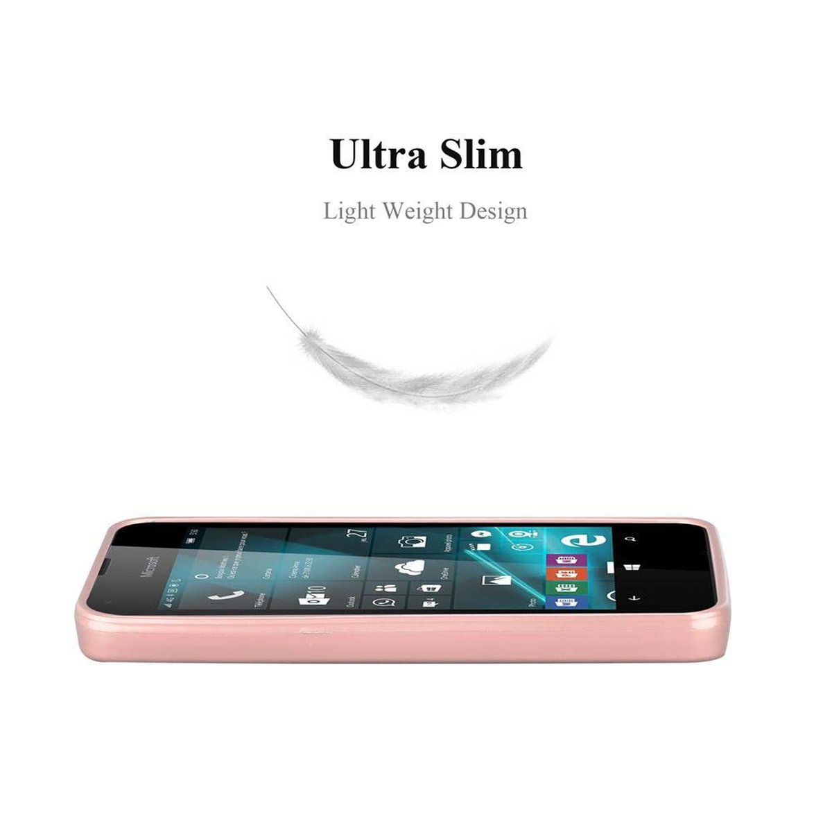 Una funda de teléfono rosa con un teléfono dentro. El texto 'Ultra Slim' y un gráfico de pluma están encima.