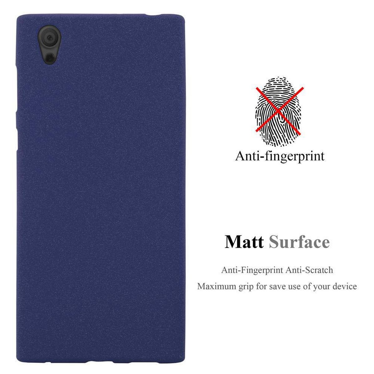 Custodia per telefono blu navy. Anti-impronte e antigraffio, superficie opaca. Testo su sfondo bianco.