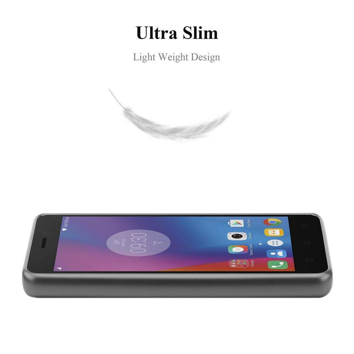 Un telefono nero su una superficie bianca. Il testo sopra dice 'Ultra Slim Light Weight Design'.