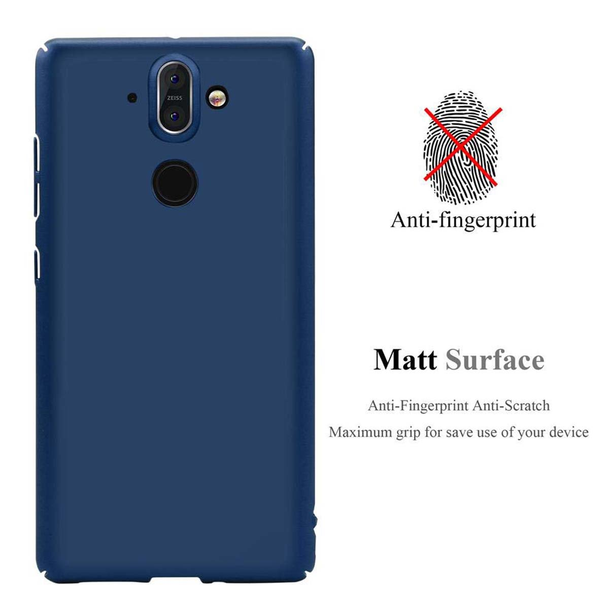 Eine dunkelblaue Handyhülle mit Anti-Fingerabdruck-Zeichen. Die Hülle hat eine matte Oberfläche.