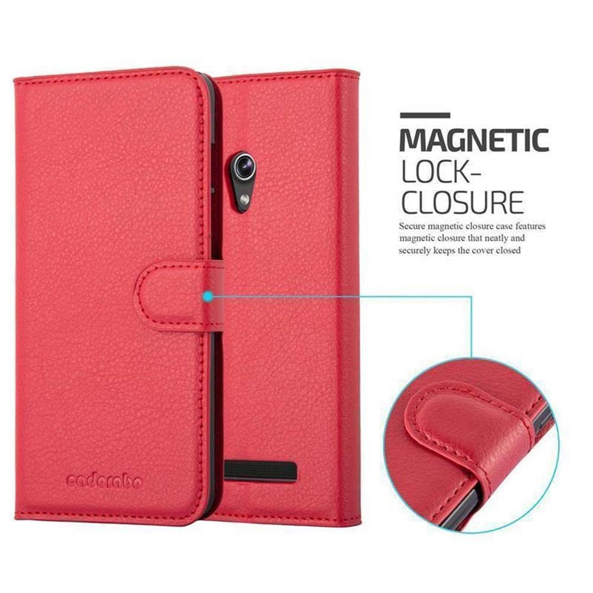 Custodia rossa per telefono con chiusura magnetica. Ha una patta ed è aperta in una vista.