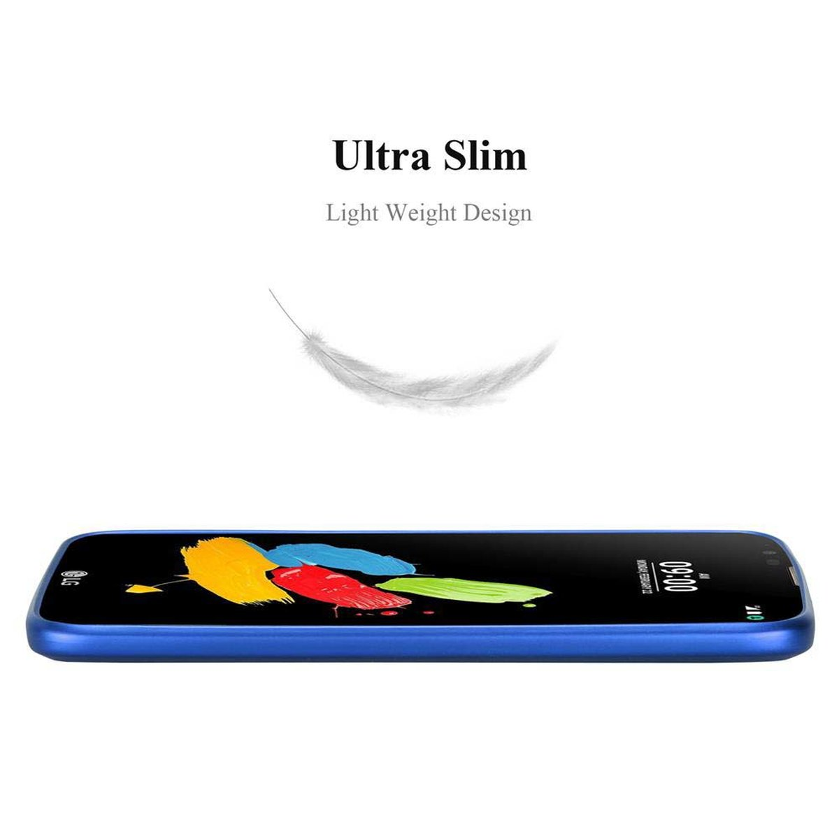 Blaues Telefon von der Seite. Weiße Feder und Text oben. Weißer Hintergrund.