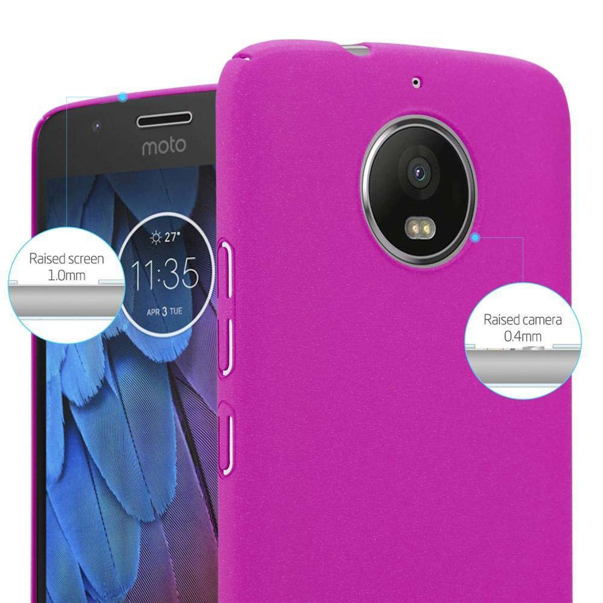 Una custodia per telefono rosa, che mostra un telefono con schermo rialzato di 1,0 mm e fotocamera rialzata di 0,4 mm.