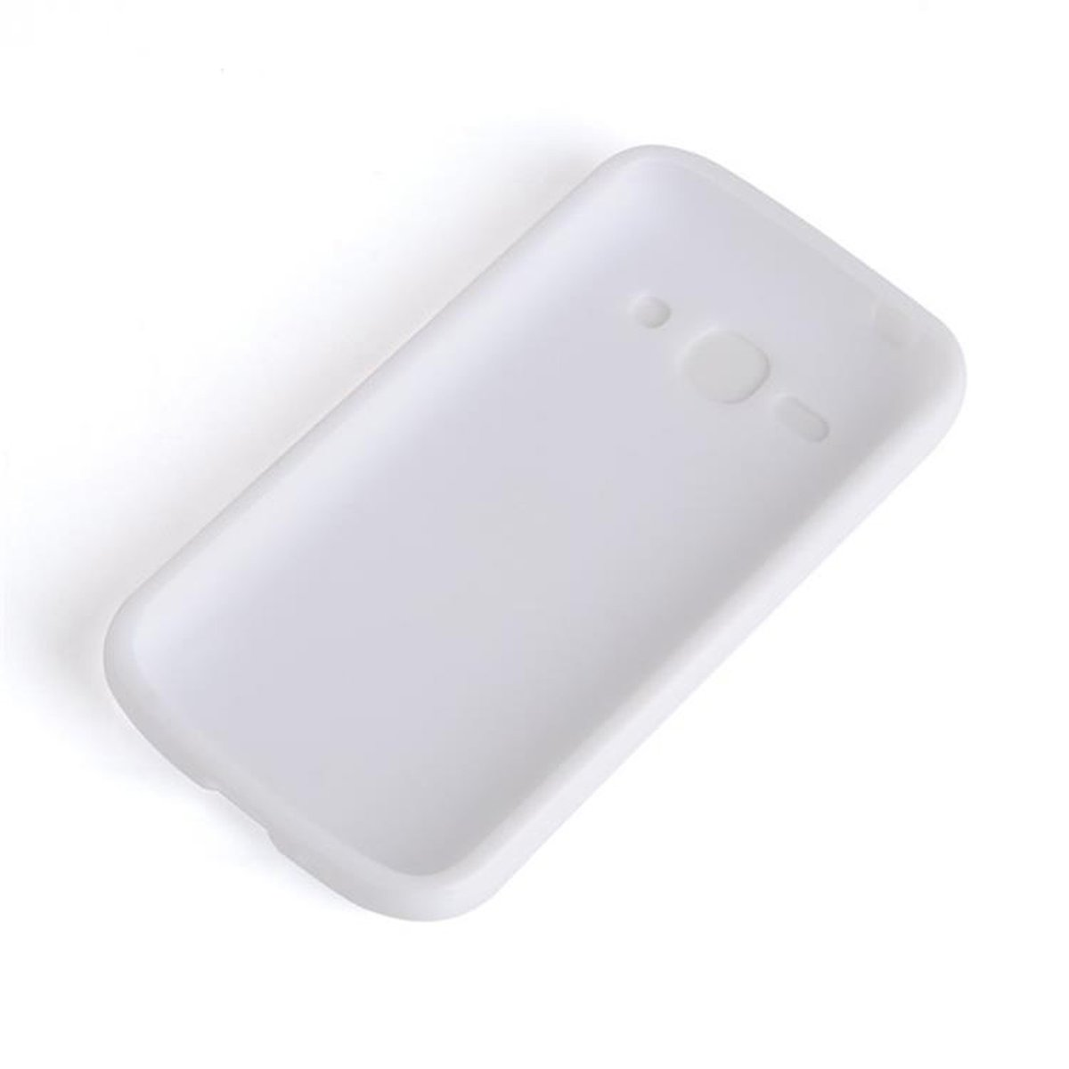 Custodia bianca per telefono con ritagli per fotocamera e pulsanti su sfondo bianco.