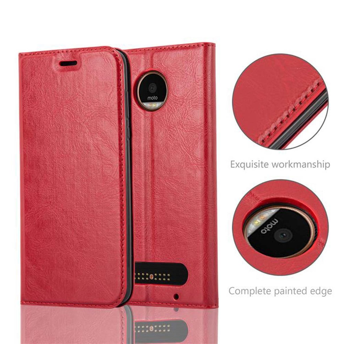 Una funda roja para teléfono con un teléfono dentro. El texto dice: 'Mano de obra exquisita'.