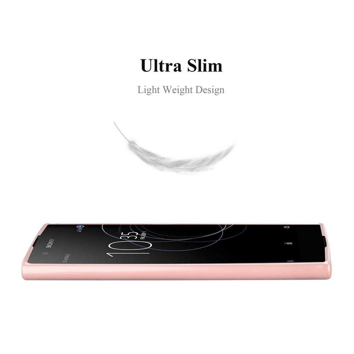 Rosa Telefon auf weißer Oberfläche, mit einer Federgrafik darüber. Das Telefon ist schlank.