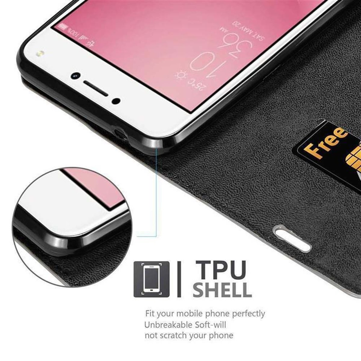 Custodia per telefono con coperchio aperto, nera e porta carte, con una carta.