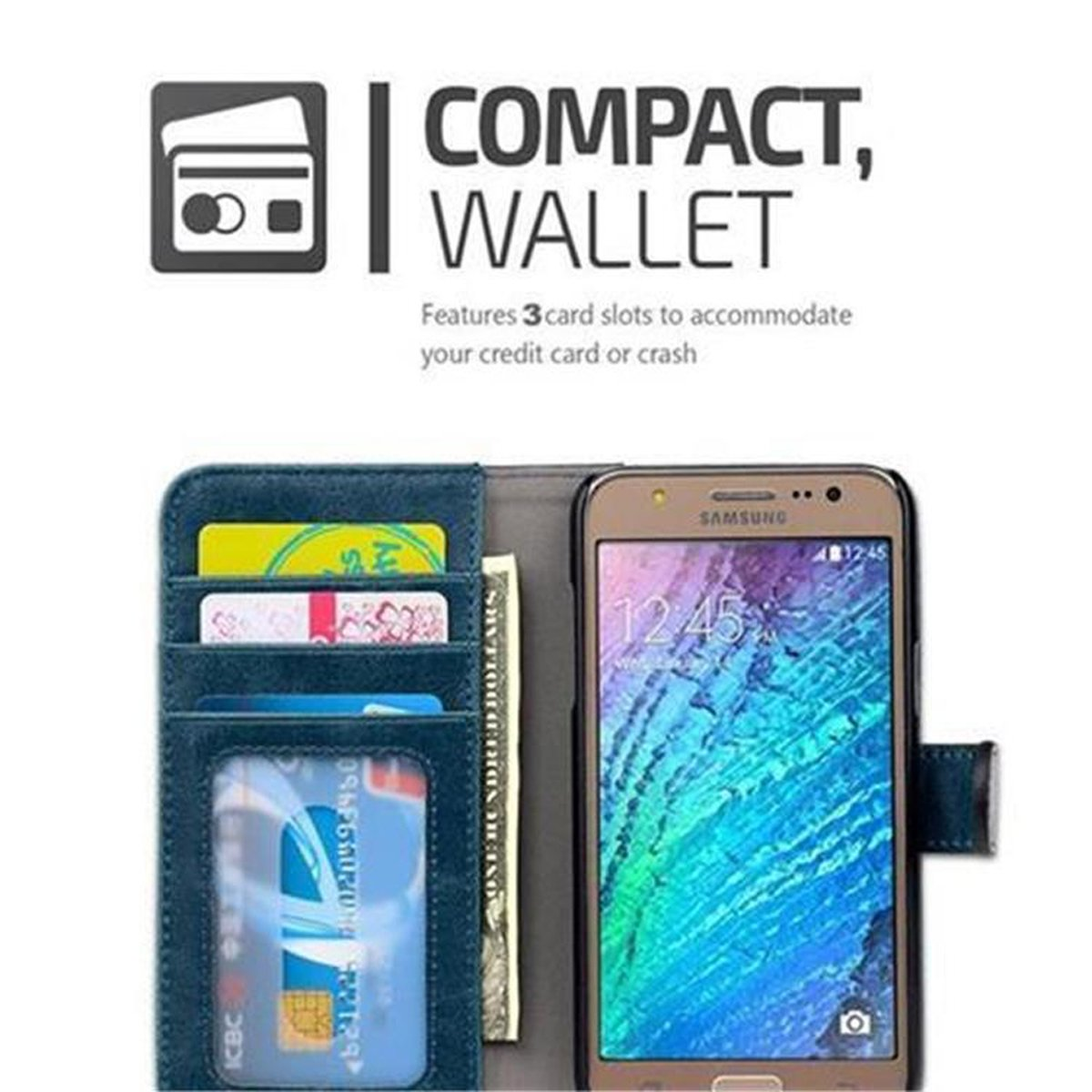 Un telefono in una custodia blu con carte di credito e denaro. Il testo dice 'Compact Wallet'. Il telefono è dorato.