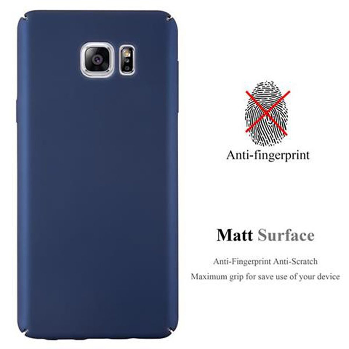 Dunkelblaue Handyhülle mit Telefon. Anti-Fingerabdruck und matte Oberfläche sind angegeben.