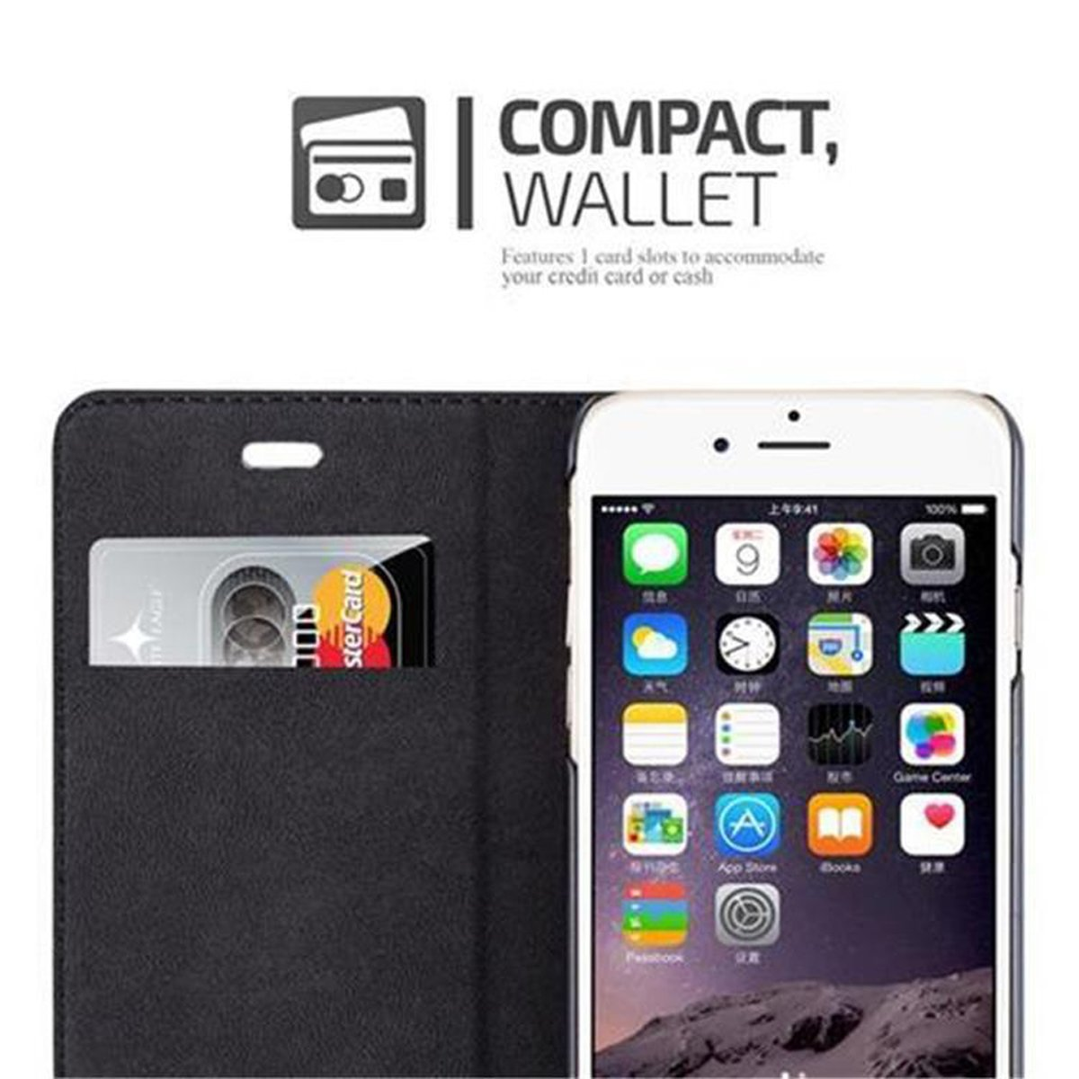 Un iPhone bianco all'interno di una custodia a portafoglio nera. La custodia ha uno slot per schede e un display del telefono.