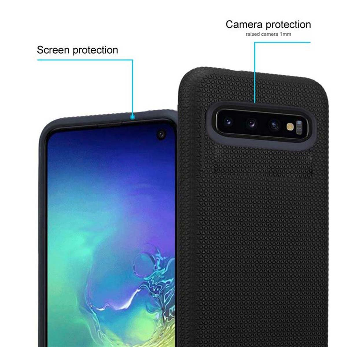 CADORABO Custodia Outdoor ibrido con superficie antiscivolo extra grip design a triangolo silicone e plastica CUSTODIA per Samsung Galaxy S10 4G, Nero
