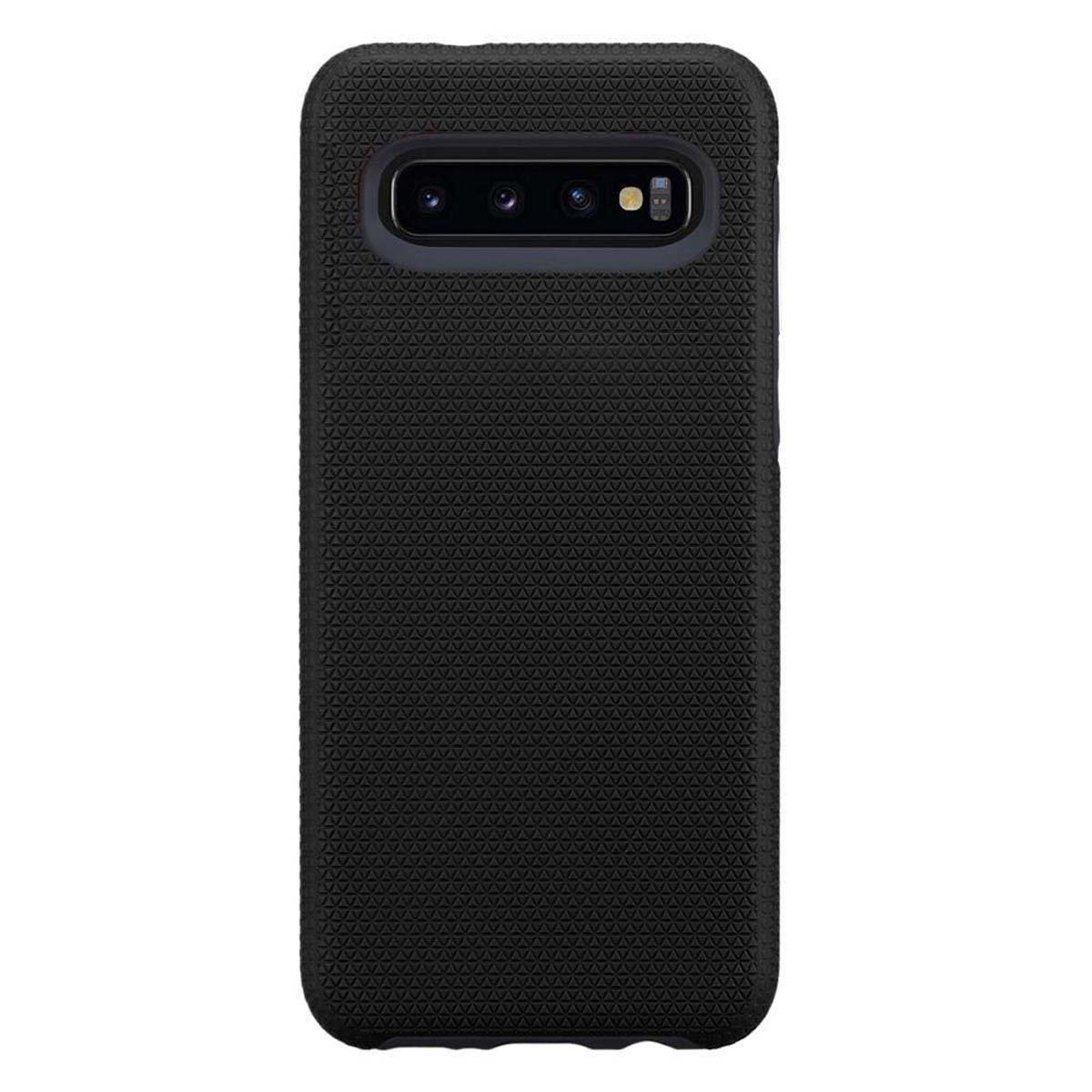 Una custodia nera per telefono con una trama triangolare. Ha un ritaglio per la fotocamera e un flash. La custodia è su sfondo bianco.