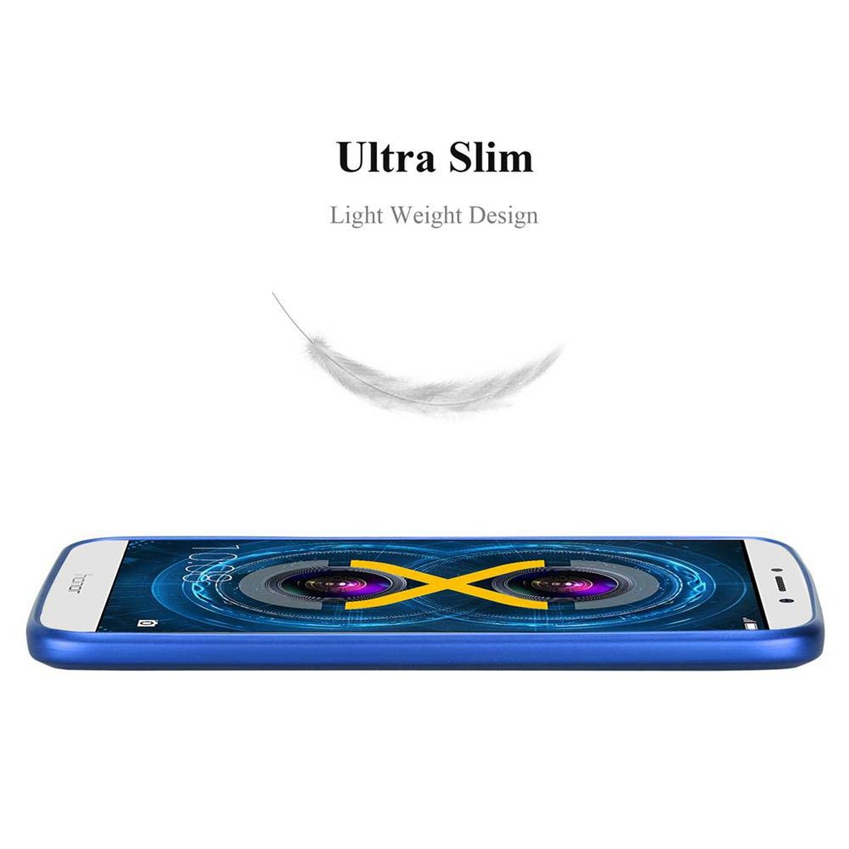 Telefono blu con un design a X sul retro e una piuma sopra, con il testo 'Ultra Slim'.