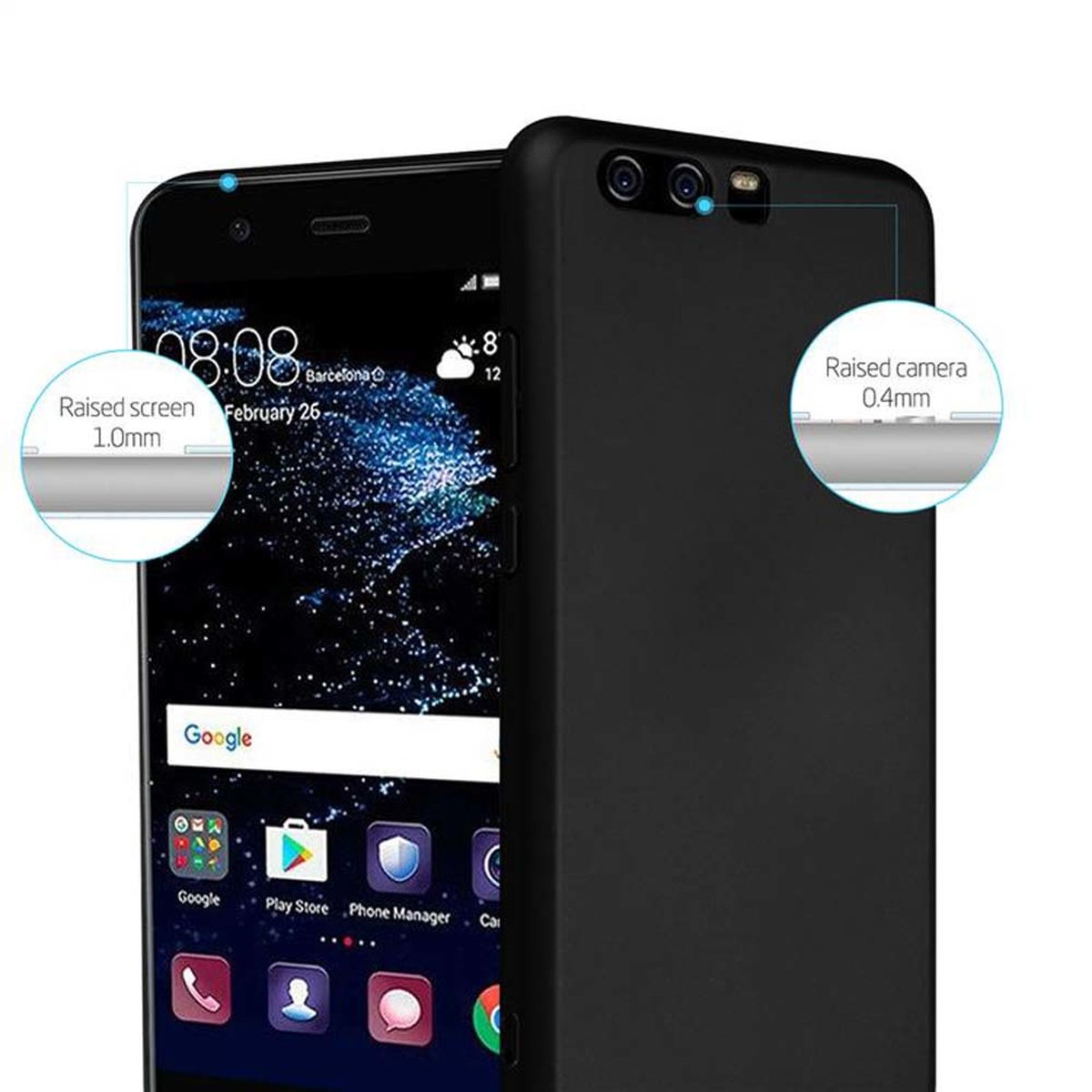 Schwarzes Telefon mit Hülle. Etiketten zeigen auf erhöhte Kamera und Bildschirm. Telefon zeigt Uhrzeit und Datum.