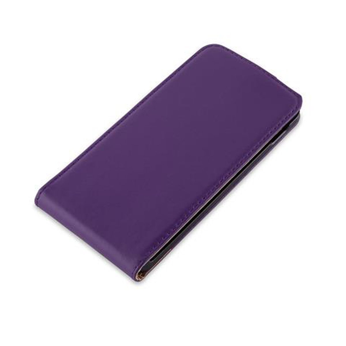 Custodia per telefono viola chiusa, vista angolata. La custodia è semplice e ha una superficie liscia.