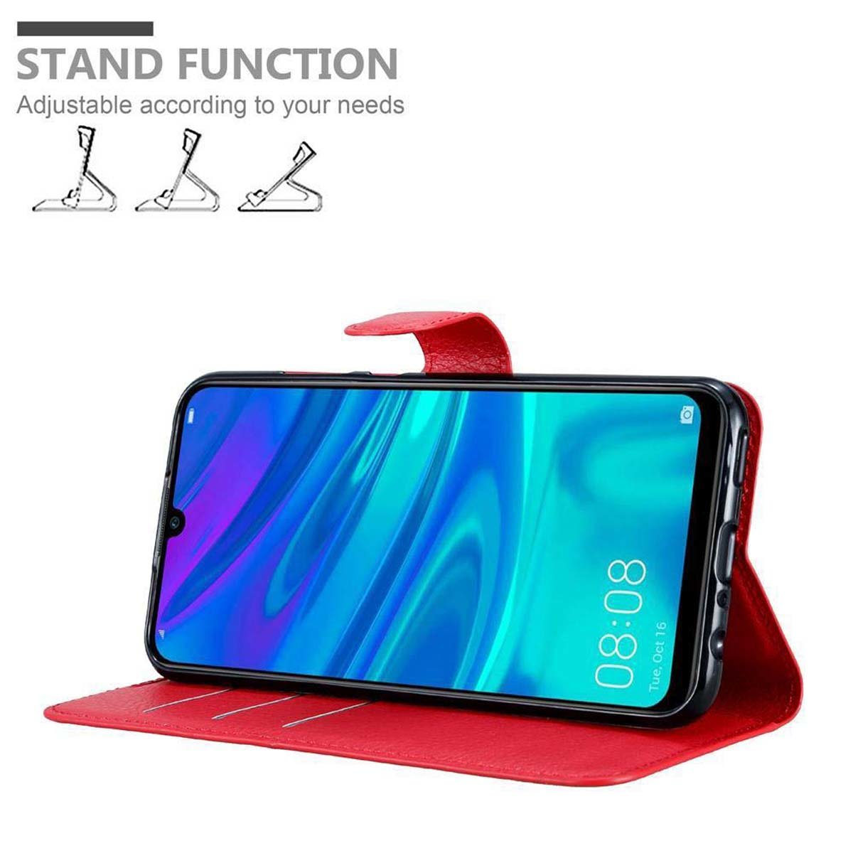 Custodia rossa con ora sul telefono. Testo: funzione supporto.