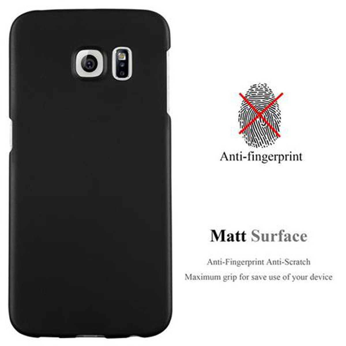 Una custodia per telefono nera con superficie anti-impronta e opaca. La custodia contiene un telefono.