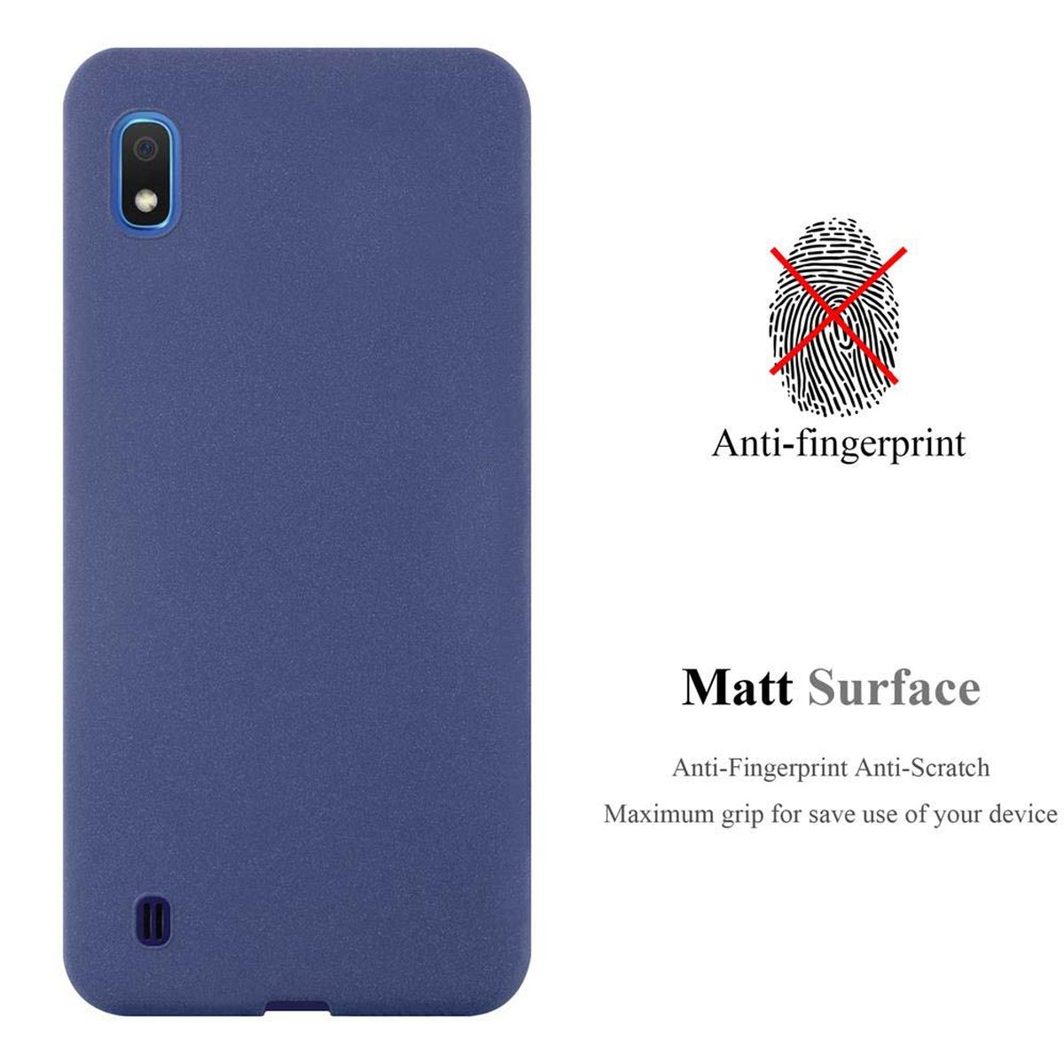 Una custodia per telefono blu. Il testo dice Anti-impronte digitali e Superficie opaca. La custodia ha una vestibilità perfetta.