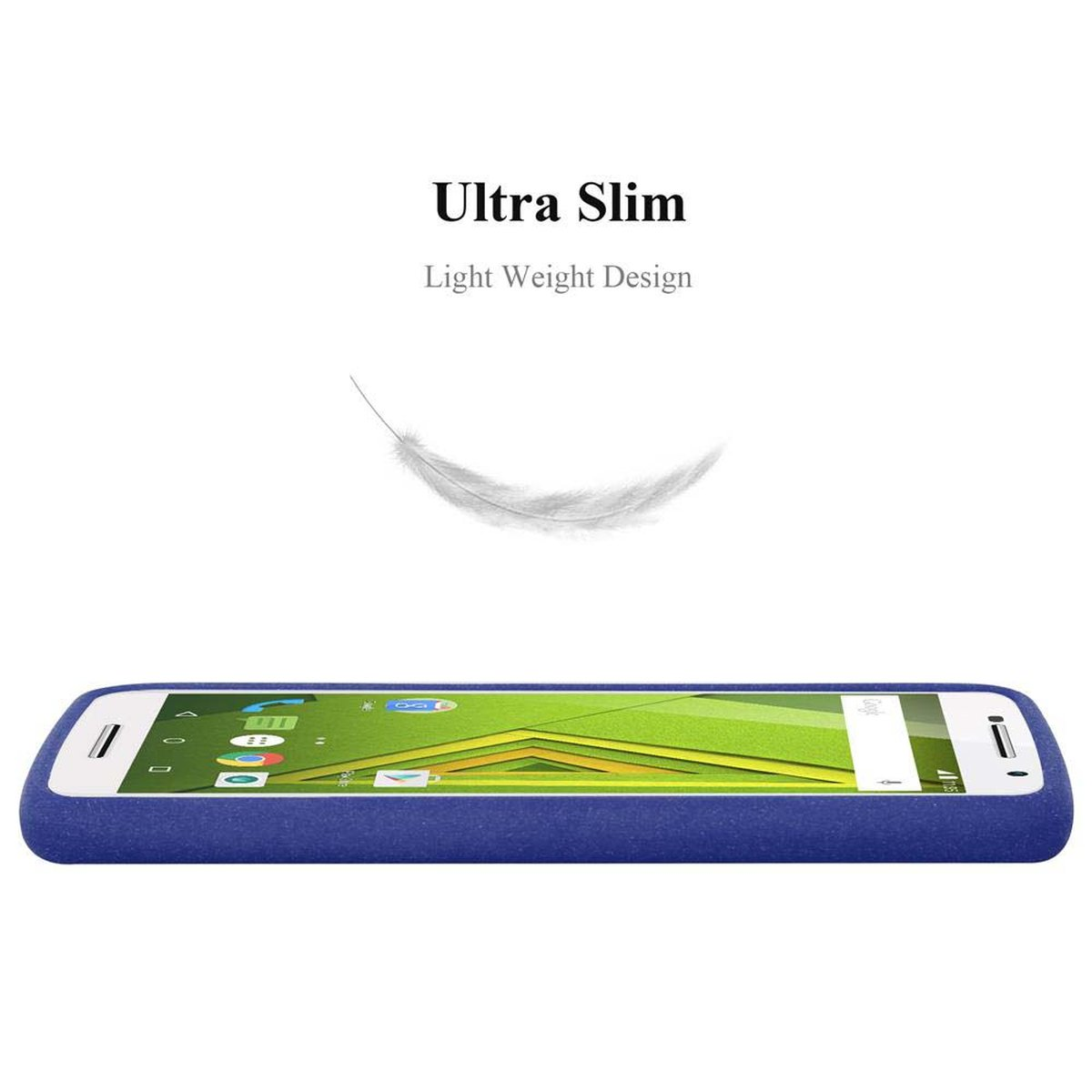Telefono blu su superficie bianca con testo 'Ultra Slim' e una piuma.