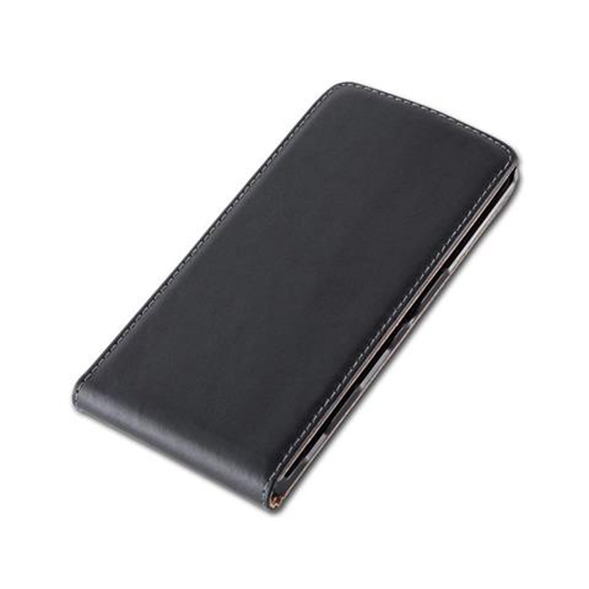 Funda negra para teléfono, vista en ángulo. La funda está cerrada, con costuras blancas.