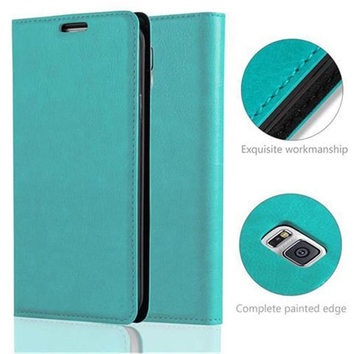 Funda de teléfono verde azulado, cerrada, con detalles del borde. Primer plano muestra el orificio de la cámara.