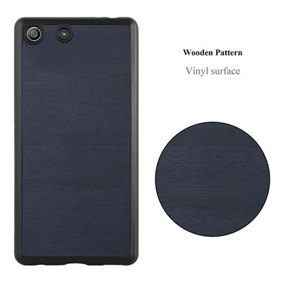 Una funda para teléfono que muestra un patrón de madera en la superficie trasera. Un círculo muestra detalles del patrón.