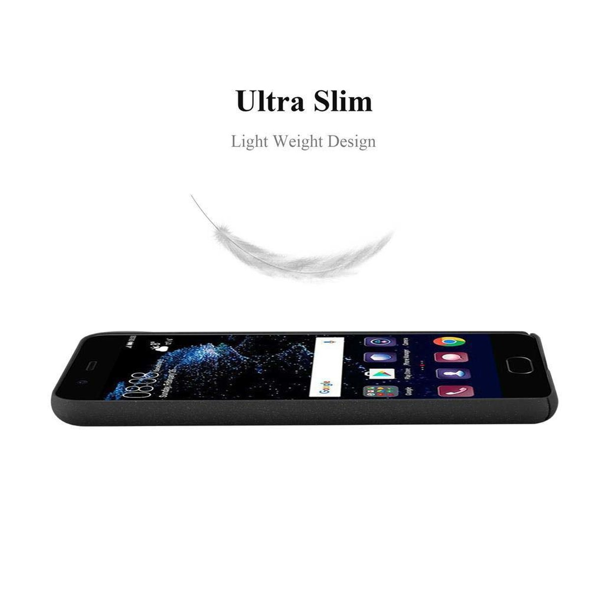 Ein schwarzes Telefon auf weißem Grund, Feder darüber. Das Telefon ist schlank und hat ein glattes Design.