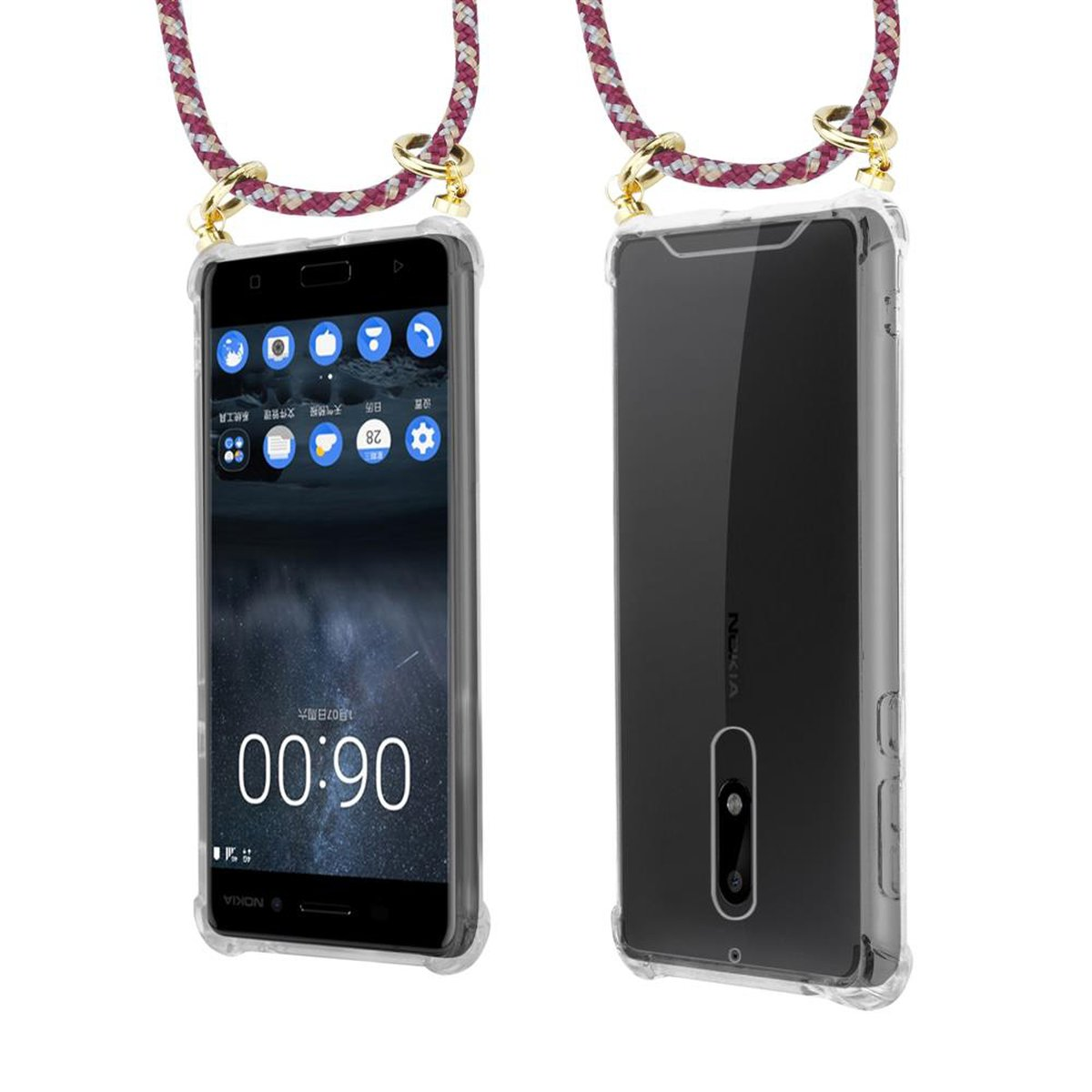 CADORABO Handy Kette mit Backcover, Nokia, und 5 Ringen, Band Gold ROT abnehmbarer GELB Hülle, Kordel 2017, WEIß