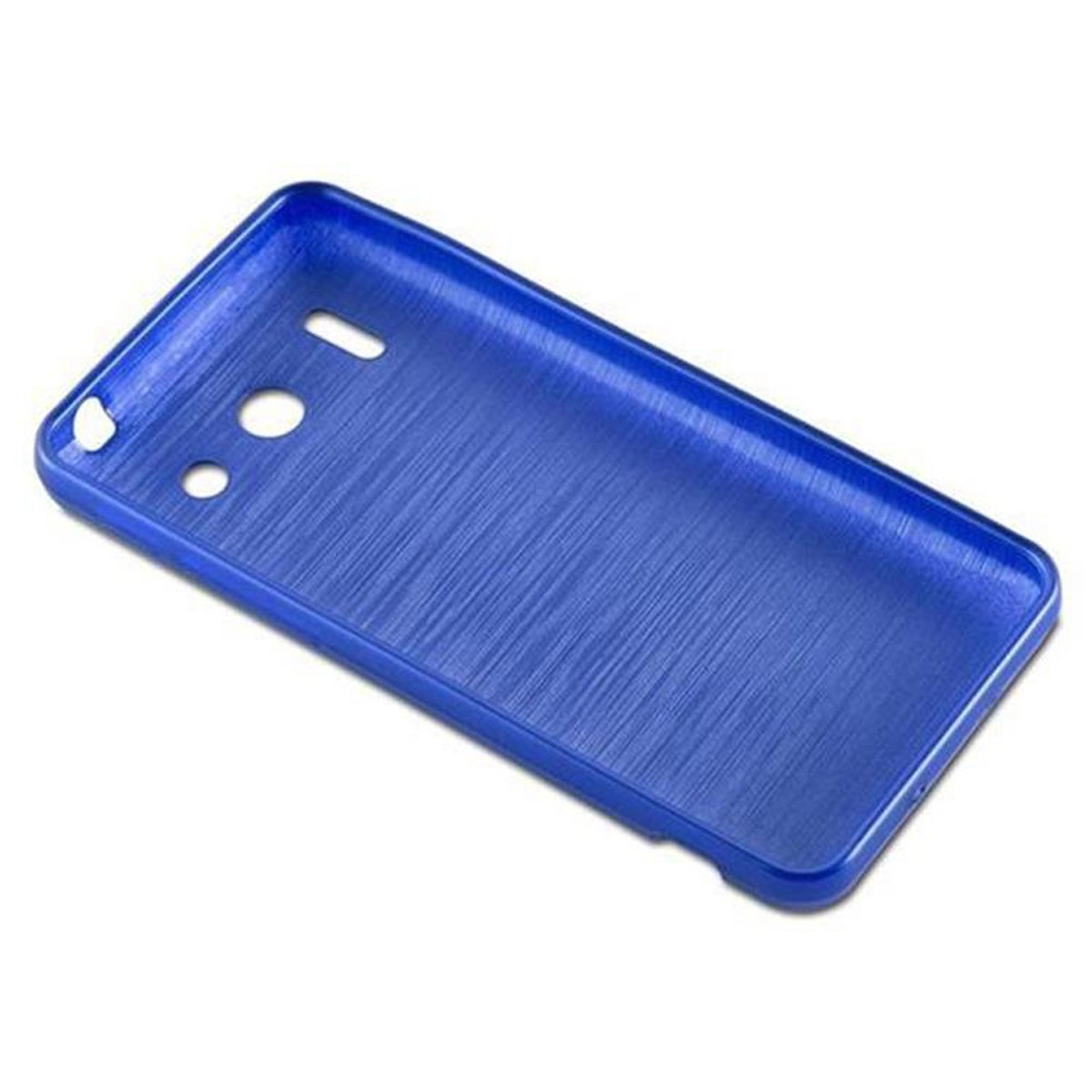 Custodia per telefono blu con finitura strutturata. La custodia è vuota, che mostra l'interno e i ritagli.