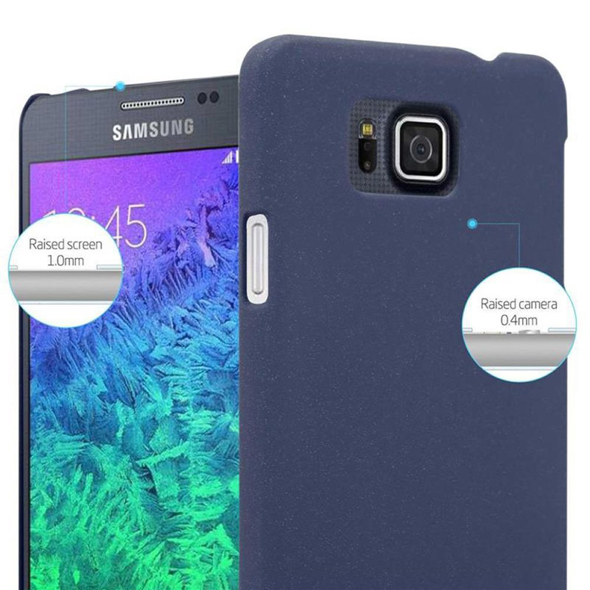 Funda de teléfono azul con un teléfono dentro. La pantalla y la cámara elevadas se resaltan con círculos.
