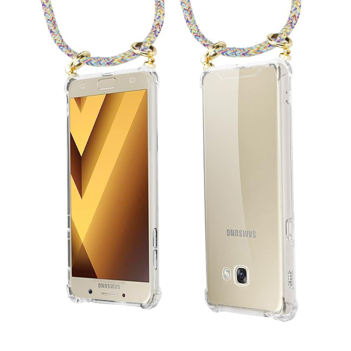 CADORABO Handy Kette mit Gold Band A5 2017, Samsung, Galaxy Backcover, Ringen, und Hülle, RAINBOW abnehmbarer Kordel