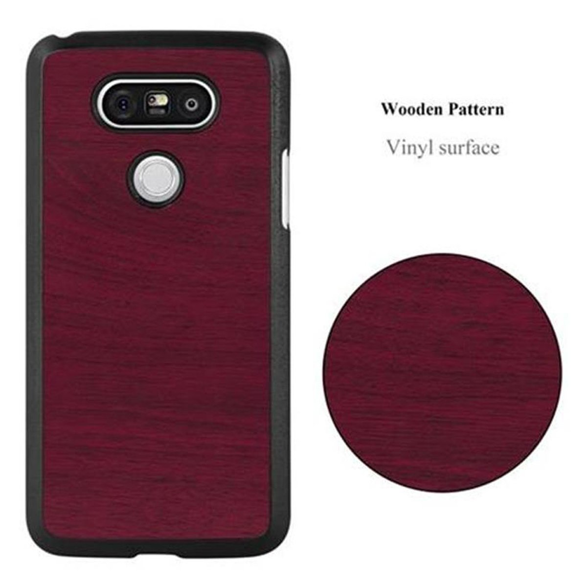 Una custodia bordeaux con effetto venatura del legno e un cerchio campione.