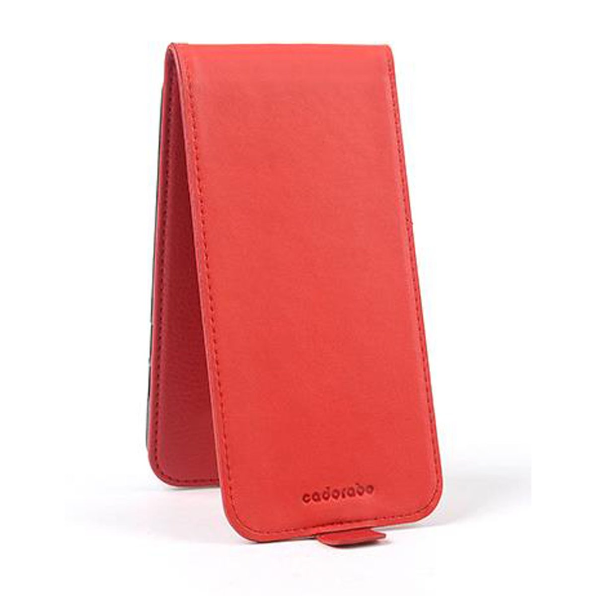 Custodia per telefono in pelle rossa, aperta per rivelare un interno nero, con il marchio in basso.