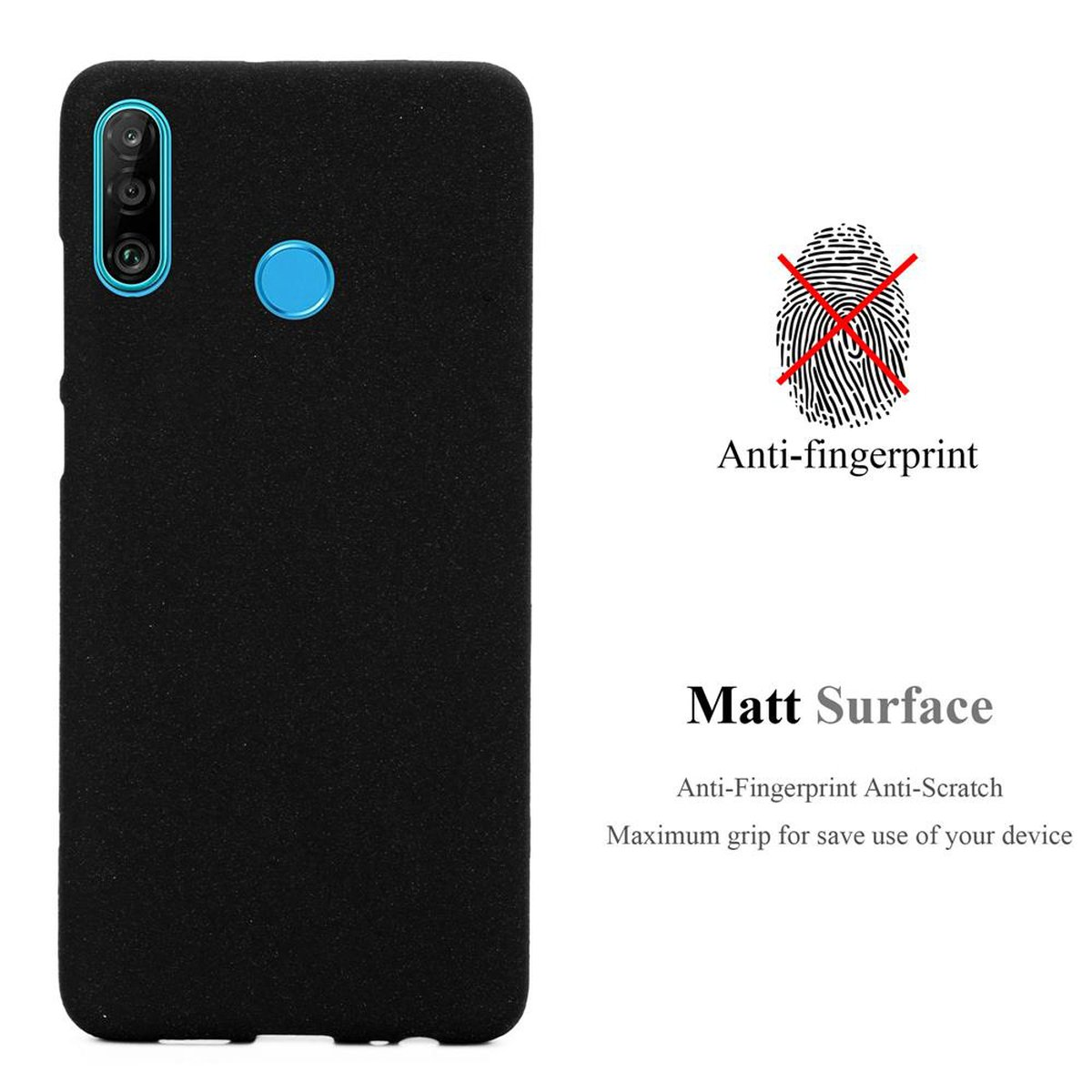 Schwarze Handyhülle mit blauem Kameraobjektiv. Weißer Hintergrund mit Anti-Fingerabdruck- und Matt-Oberflächen-Text.