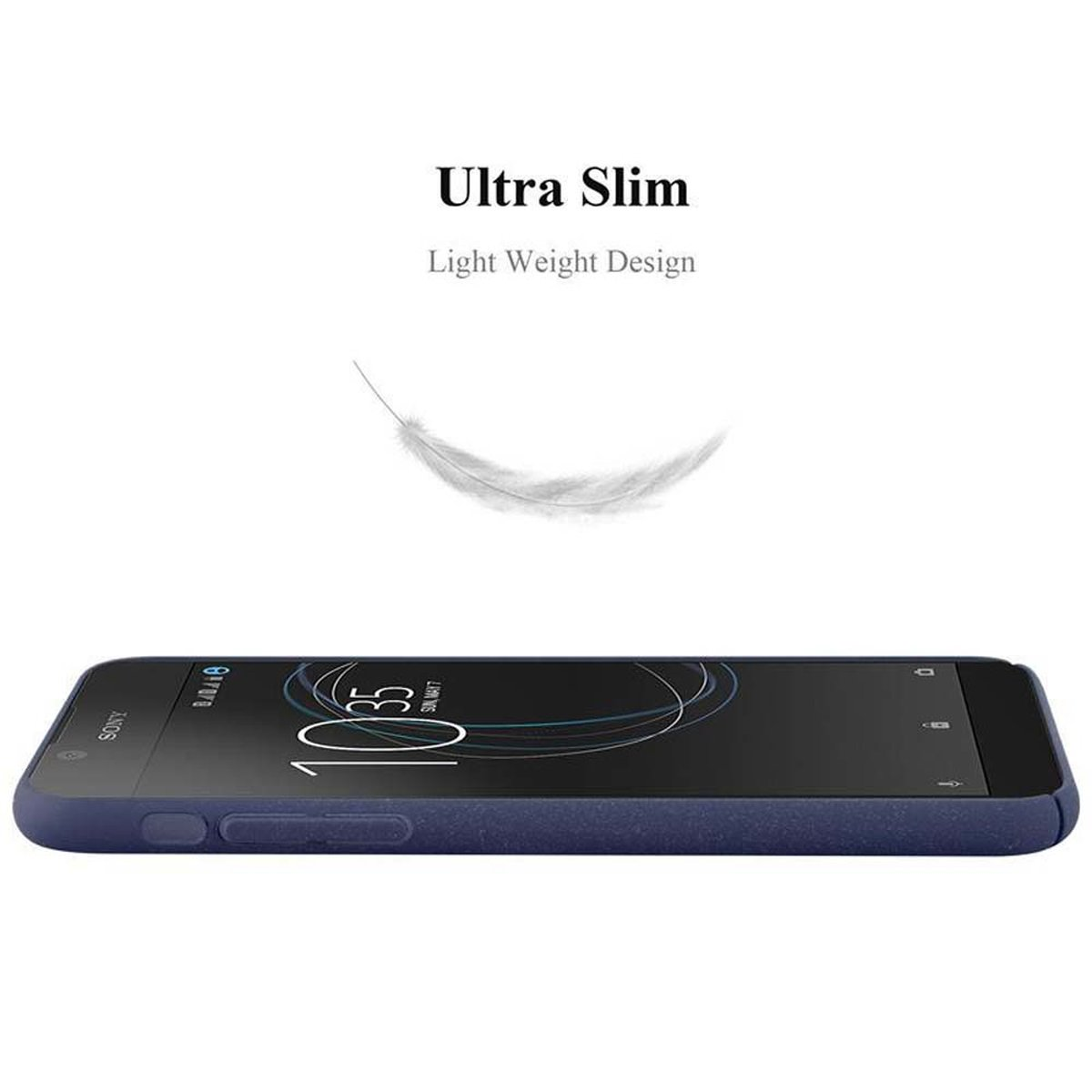 Una custodia blu per telefono. Il telefono è su una superficie bianca.