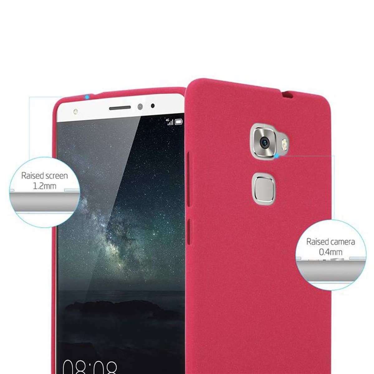 Rote Handyhülle mit Telefon. Kreise heben Bildschirm- und Kameraschutz hervor. Text: 'Raised screen'.