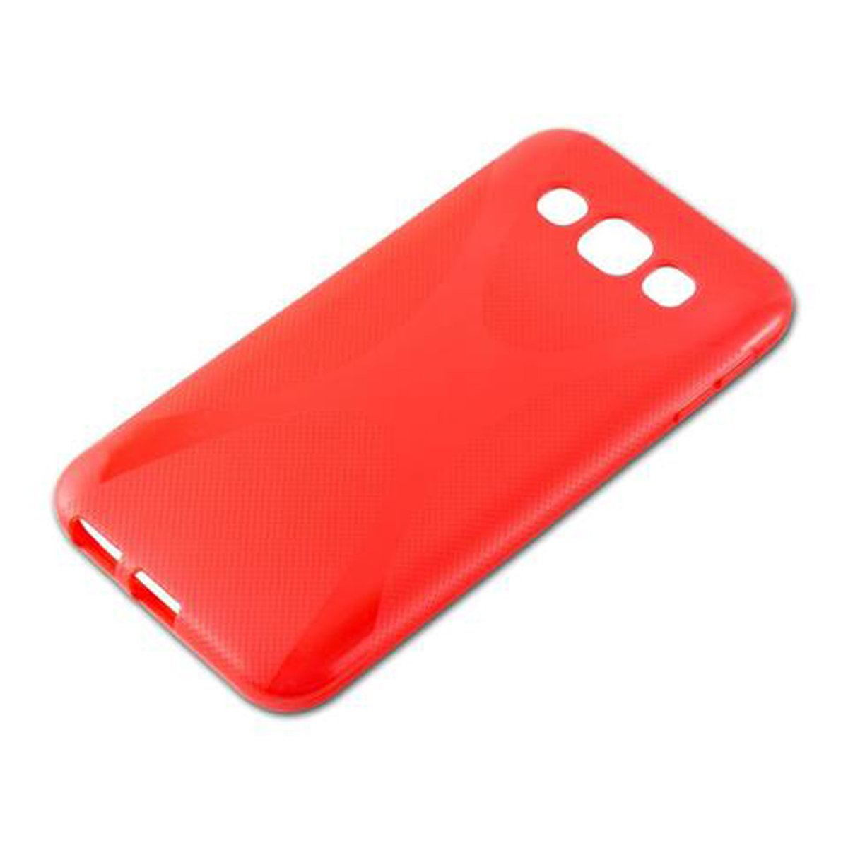 Una funda de teléfono roja brillante, brillante, con agujeros visibles para la cámara y el altavoz. Sobre fondo blanco.