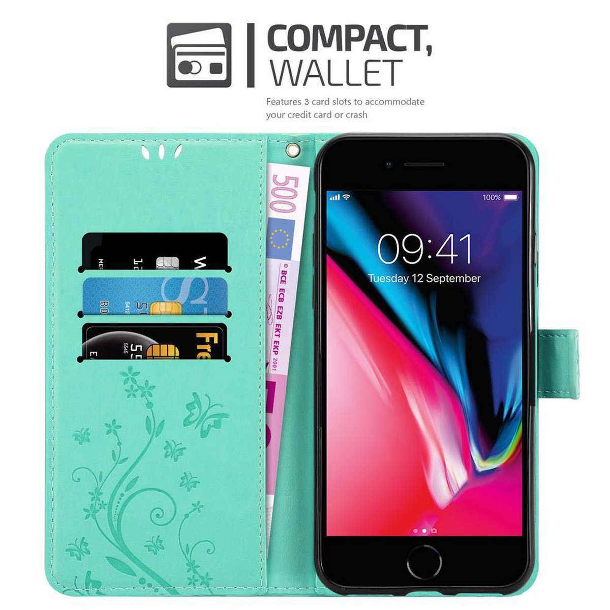 Telefon in teal Brieftasche. Geöffnete Hülle zeigt Telefon, Karten und Bargeld.