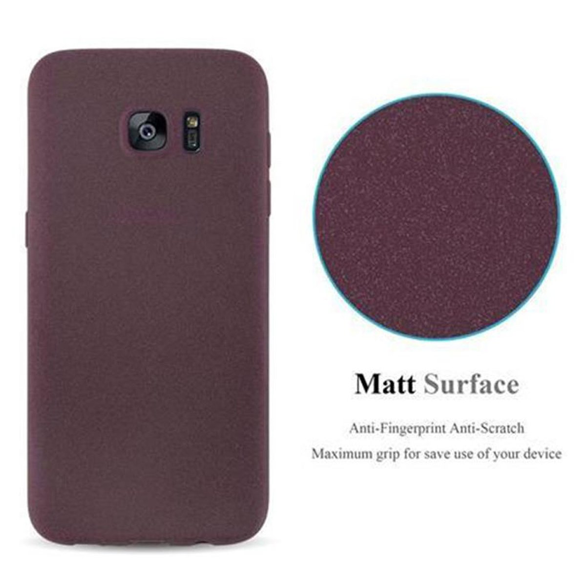 Custodia per telefono viola. Un cerchio a destra mostra il testo "Matt Surface". Anti-impronte.