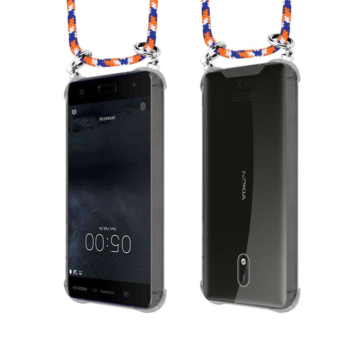 Nokia, Silber Backcover, mit Kette Kordel 3 Band WEIß abnehmbarer BLAU Ringen, CADORABO 2017, und Handy ORANGE Hülle,