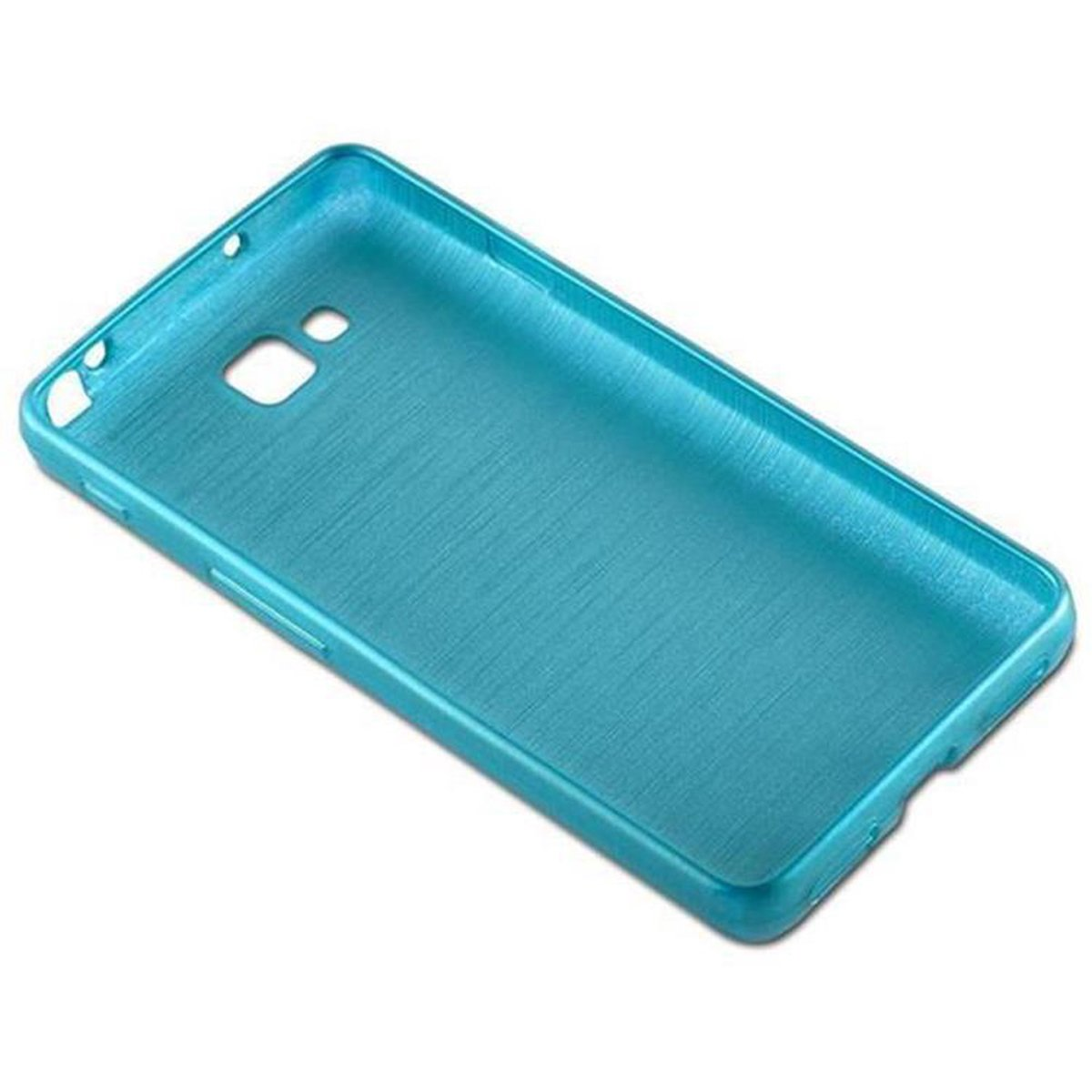 Se muestra una funda para teléfono de color turquesa. La parte trasera tiene una superficie texturizada.