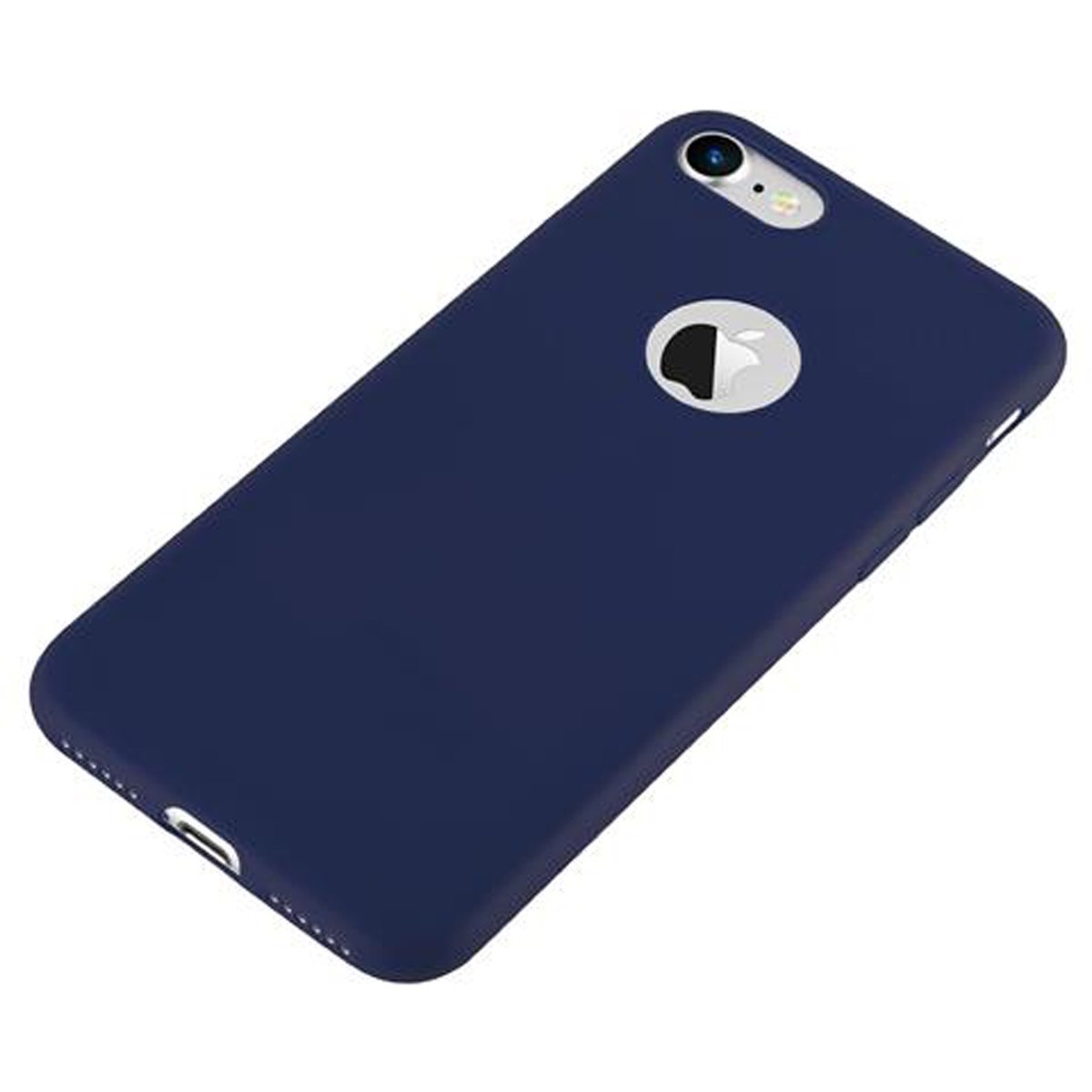 Eine dunkelblaue Handyhülle mit einem Apple-Logo. Die Hülle hat eine glatte Oberfläche.
