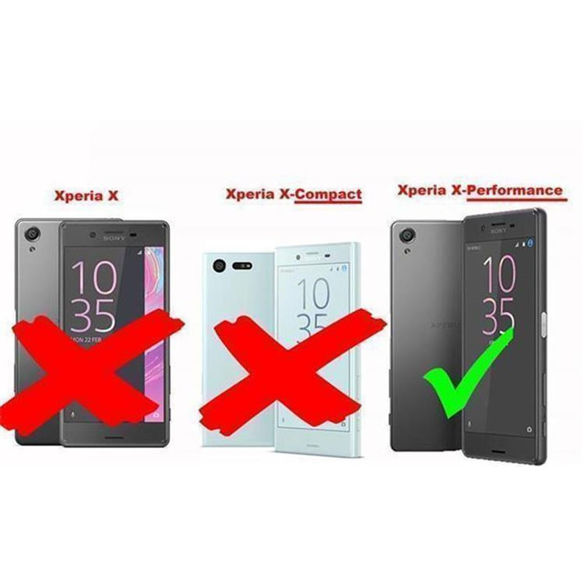 Drei Handys: Xperia X mit rotem X, Xperia X-Compact mit rotem X und Xperia X-Performance mit grünem Häkchen.